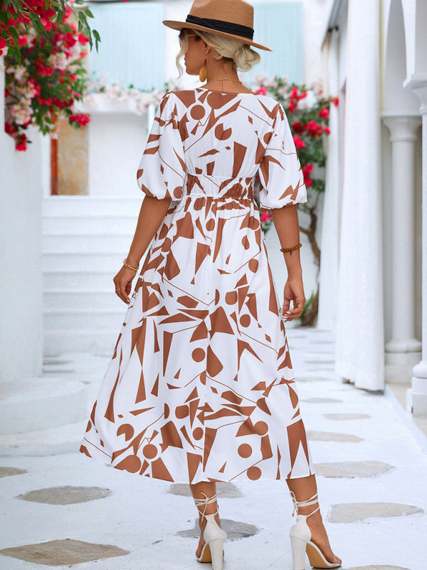 Geometric Print Midi Dress with Puff Sleeves and V-Neck Midi Dresses MyDresses 