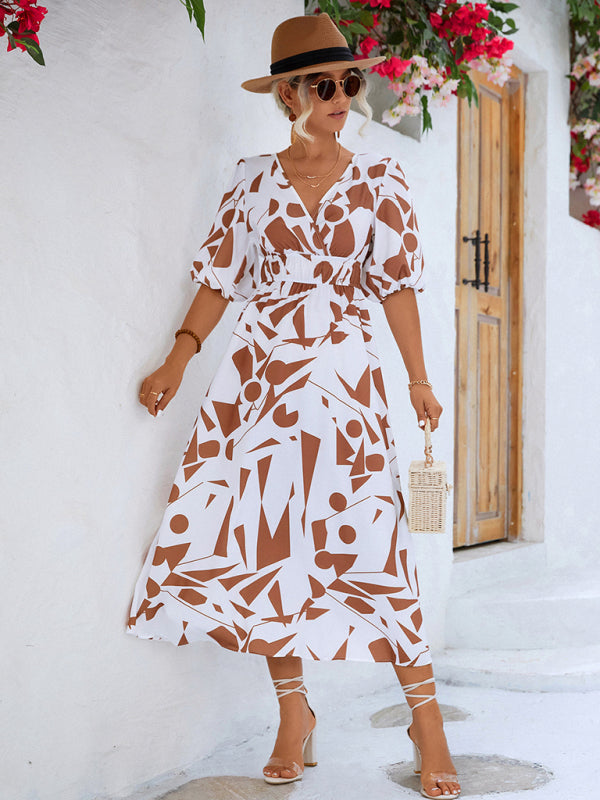 Geometric Print Midi Dress with Puff Sleeves and V-Neck Midi Dresses MyDresses 