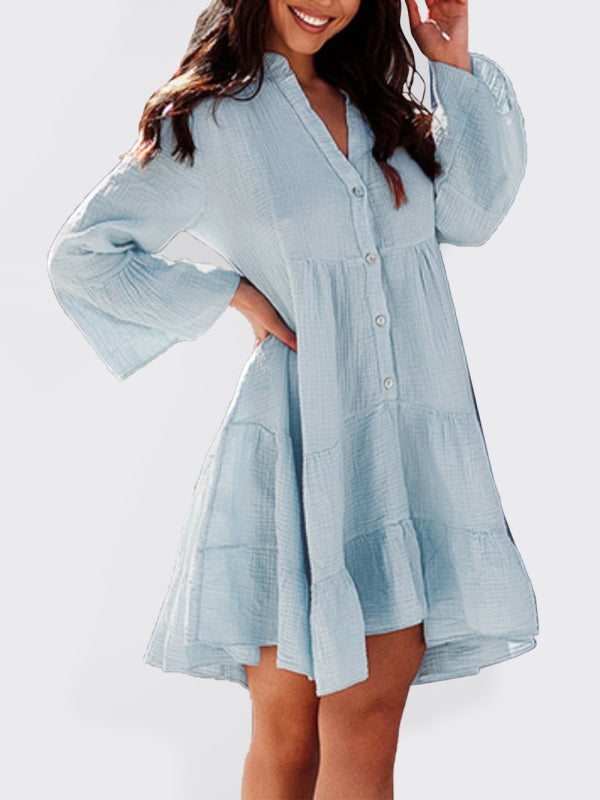 Bell Sleeve Mini Dress with Button-Down and Tiered Design Mini Dresses MyDresses Blue 8 | S 