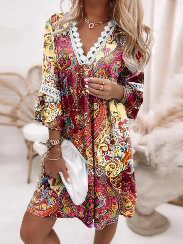 Paisley Print Bohemian Dress with Lace Paneling Mini Dresses MyDresses Red 8 | S 