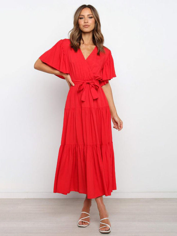 Bohemian Midi Dress with V-Neck and Tiered Skirt Midi Dresses MyDresses Red 8 | S 