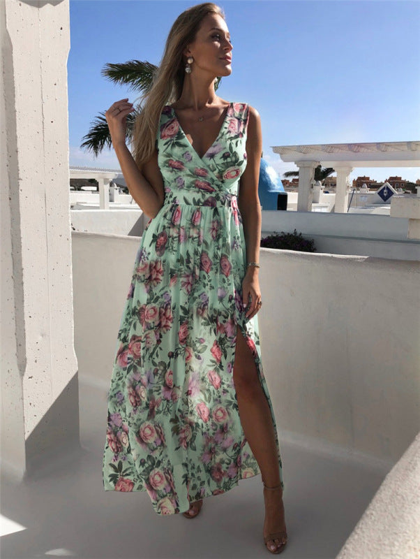 Floral Print Maxi Dress with High Slit and Sleeveless Design Maxi Dresses MyDresses 