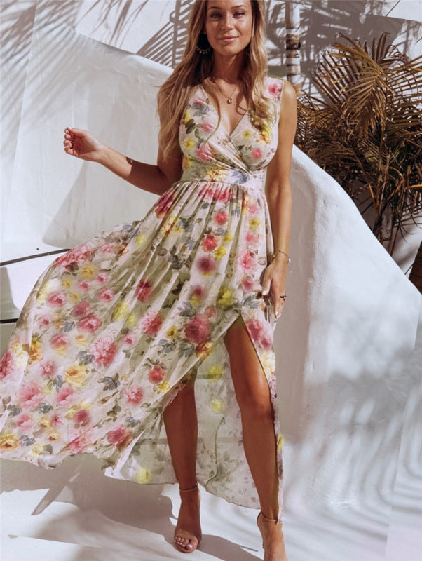 Floral Print Maxi Dress with High Slit and Sleeveless Design Maxi Dresses MyDresses Yellow 6 | XS 