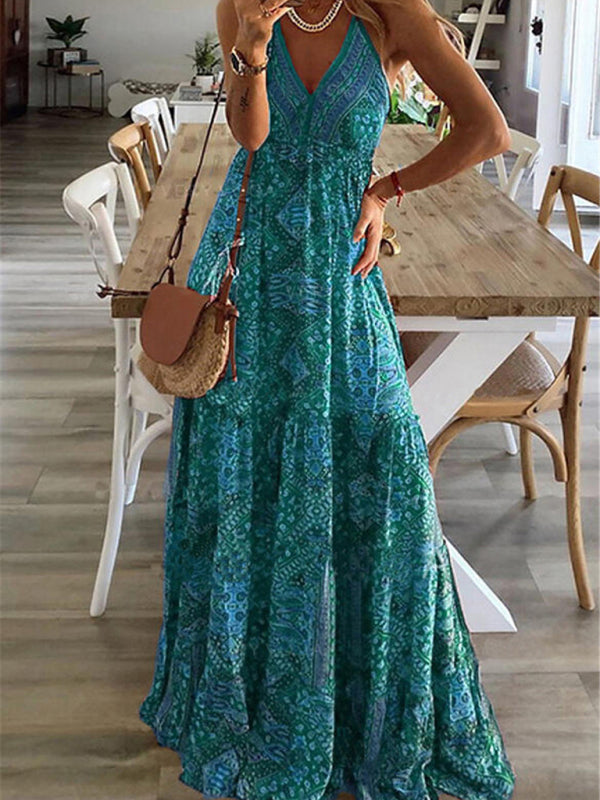 Bohemian Maxi Dress with Paisley Print and Halter Neckline Maxi Dresses MyDresses Light Green 8 | S 