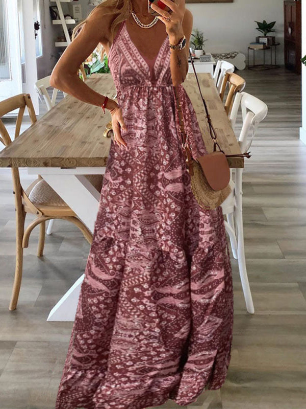 Bohemian Maxi Dress with Paisley Print and Halter Neckline Maxi Dresses MyDresses Pink 8 | S 