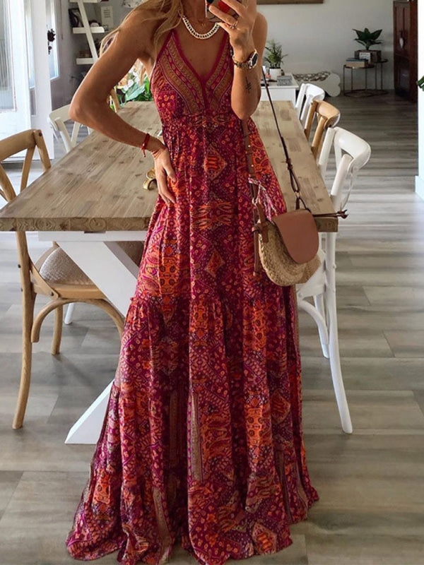 Bohemian Maxi Dress with Paisley Print and Halter Neckline Maxi Dresses MyDresses Red 8 | S 