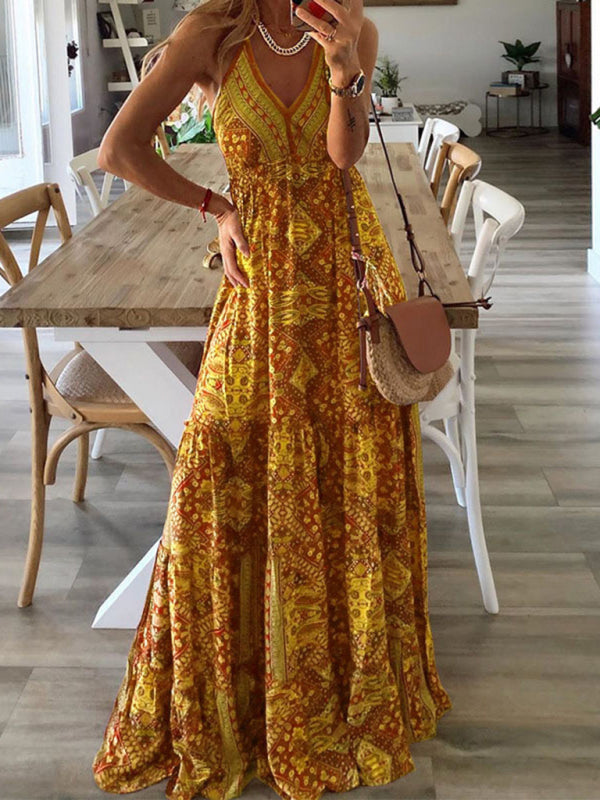 Bohemian Maxi Dress with Paisley Print and Halter Neckline Maxi Dresses MyDresses Yellow 8 | S 