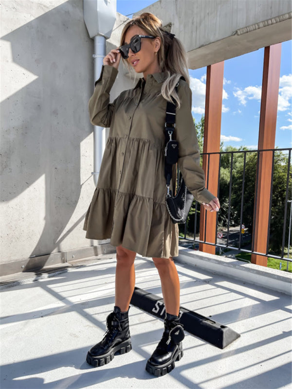 Loose Fit Shirt Midi Dress with Button-Down Front and Tiered Design Midi Dresses MyDresses 