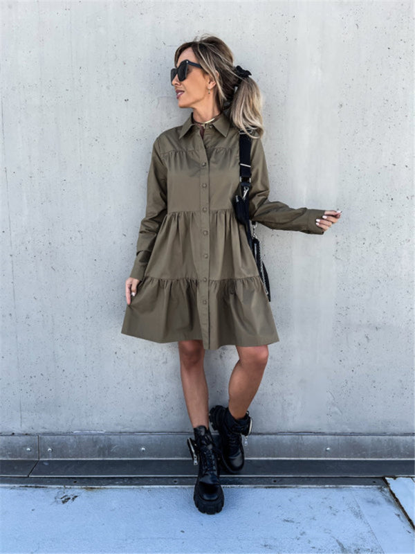 Loose Fit Shirt Midi Dress with Button-Down Front and Tiered Design Midi Dresses MyDresses 