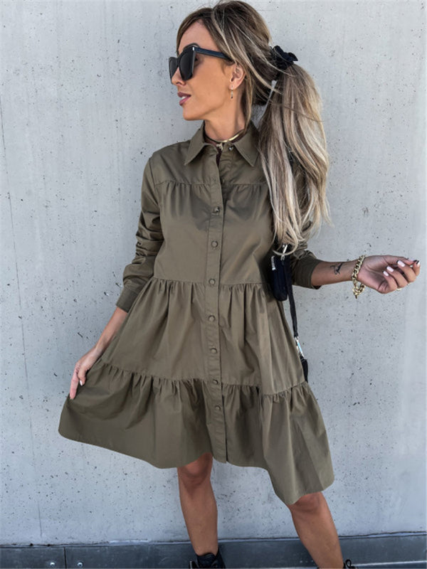 Loose Fit Shirt Midi Dress with Button-Down Front and Tiered Design Midi Dresses MyDresses 