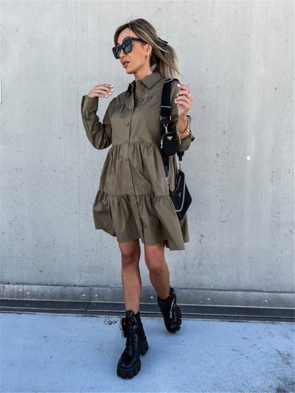 Loose Fit Shirt Midi Dress with Button-Down Front and Tiered Design Midi Dresses MyDresses 