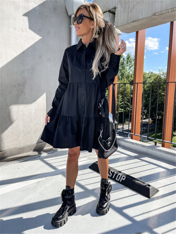 Loose Fit Shirt Midi Dress with Button-Down Front and Tiered Design Midi Dresses MyDresses 