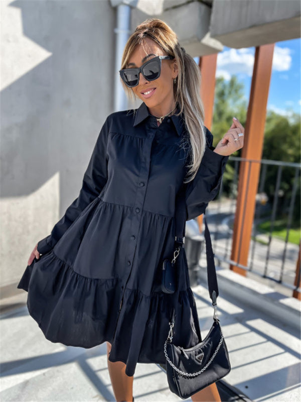 Loose Fit Shirt Midi Dress with Button-Down Front and Tiered Design Midi Dresses MyDresses Black 6 | XS 