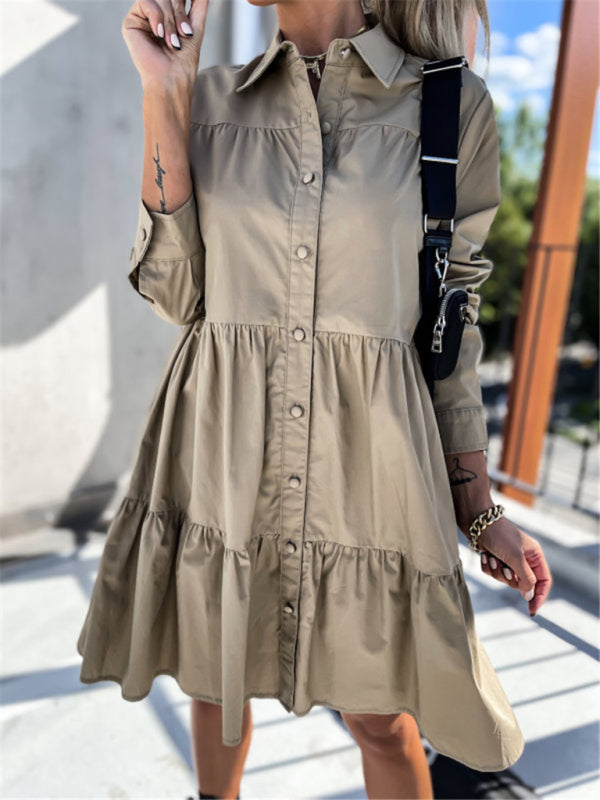 Loose Fit Shirt Midi Dress with Button-Down Front and Tiered Design Midi Dresses MyDresses 