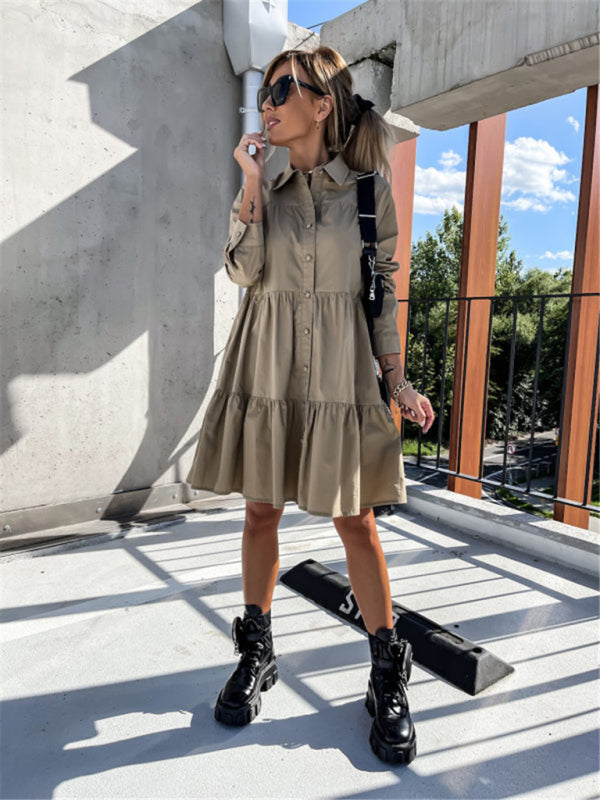 Loose Fit Shirt Midi Dress with Button-Down Front and Tiered Design Midi Dresses MyDresses 