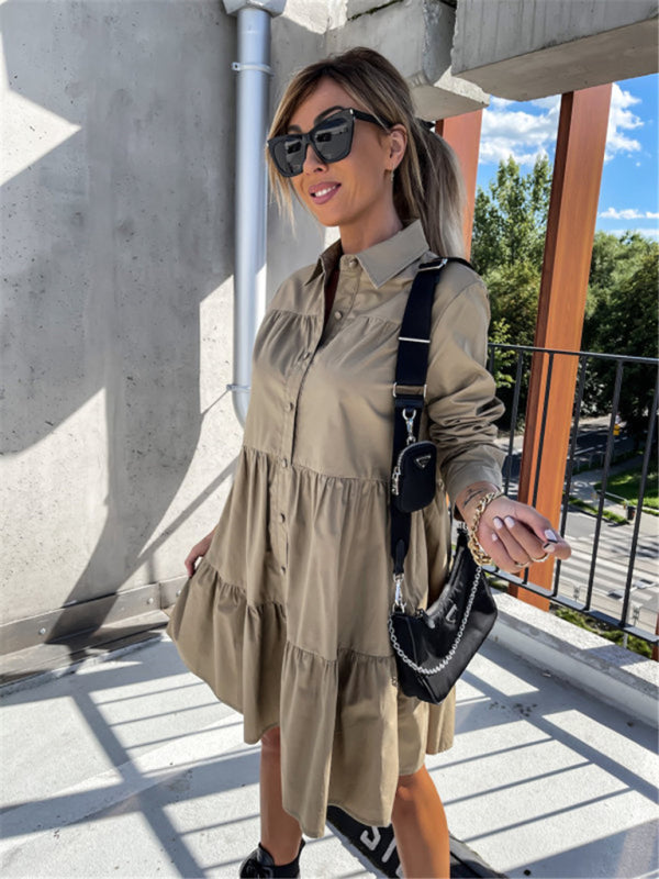 Loose Fit Shirt Midi Dress with Button-Down Front and Tiered Design Midi Dresses MyDresses Khaki 6 | XS 