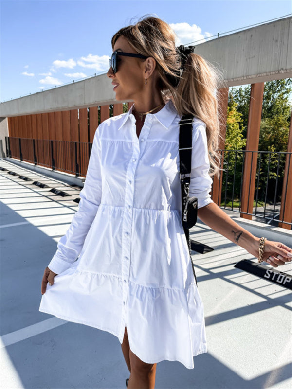 Loose Fit Shirt Midi Dress with Button-Down Front and Tiered Design Midi Dresses MyDresses 