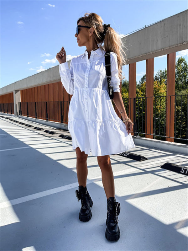 Loose Fit Shirt Midi Dress with Button-Down Front and Tiered Design Midi Dresses MyDresses 