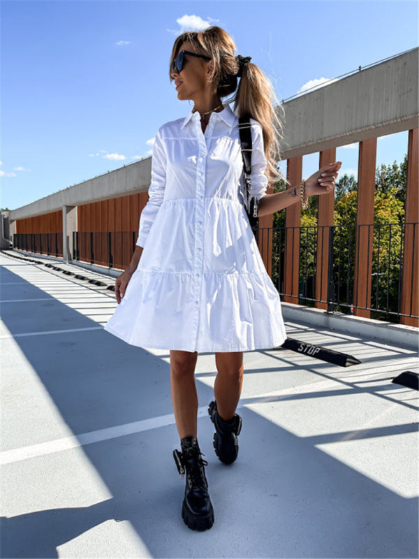 Loose Fit Shirt Midi Dress with Button-Down Front and Tiered Design Midi Dresses MyDresses 