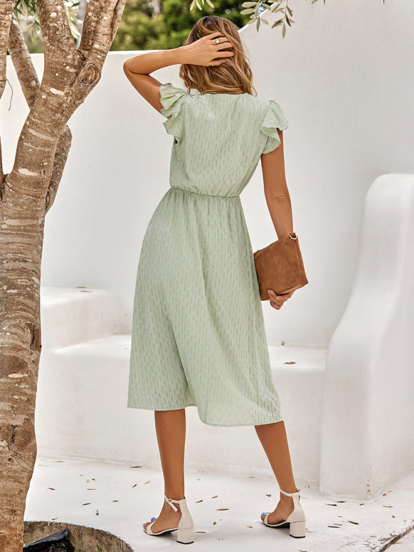 V-Neck Midi Dress with Flutter Sleeves and Textured Pattern Midi Dresses MyDresses 