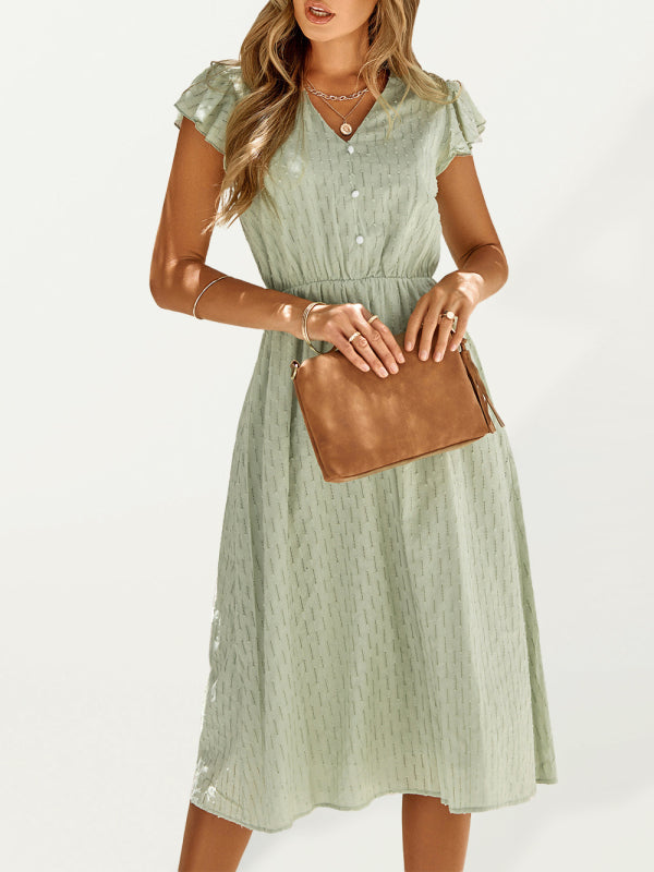 V-Neck Midi Dress with Flutter Sleeves and Textured Pattern Midi Dresses MyDresses Light Green 8 | S 