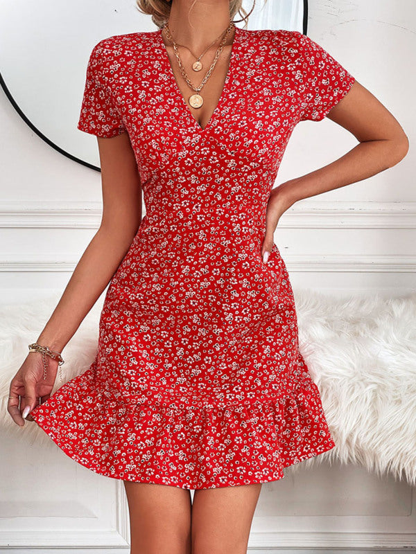 Floral Print V-Neck Mini Dress with Ruffle Hem Mini Dresses MyDresses 