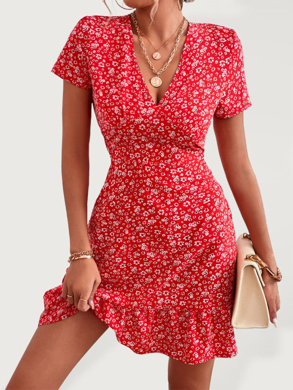 Floral Print V-Neck Mini Dress with Ruffle Hem Mini Dresses MyDresses Red 8 | S 