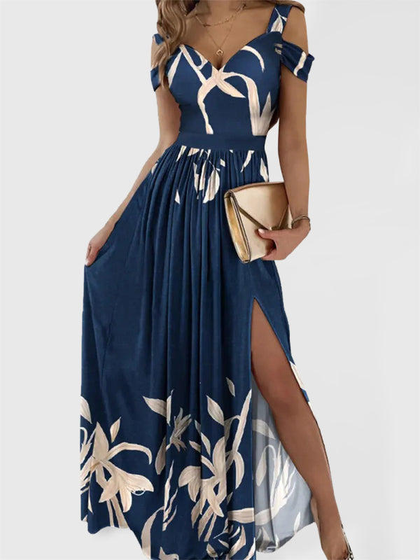 Floral Print Maxi Dress with V-Neck and Sexy Slit Maxi Dresses MyDresses Dark Blue 8 | S 