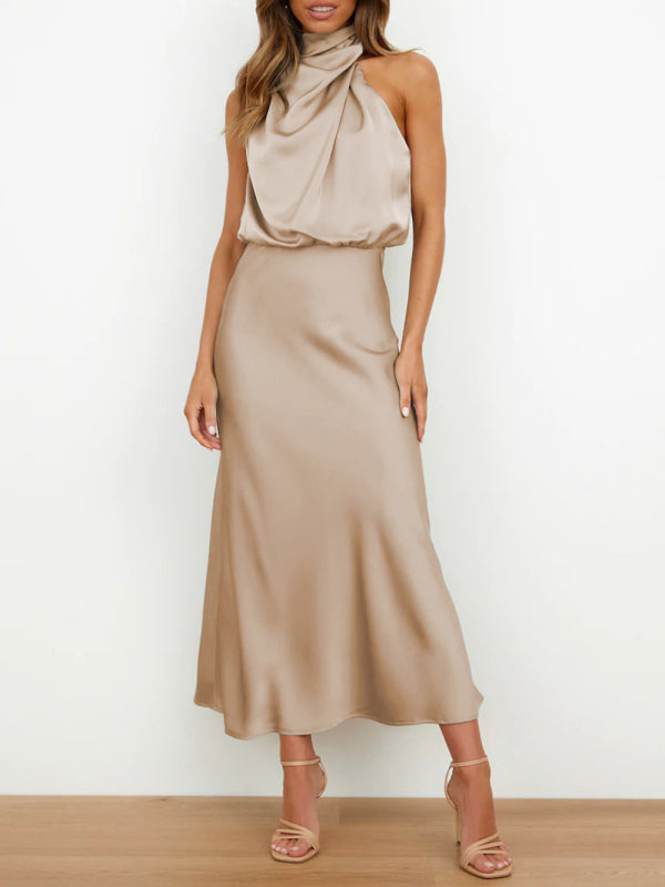 Halter Neck Satin Dress with Slim-Fit Design Maxi Dresses MyDresses Khaki 8 | S