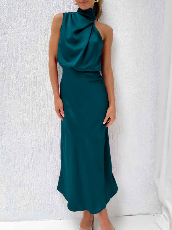 Halter Neck Satin Dress with Slim-Fit Design Maxi Dresses MyDresses Deep green 8 | S