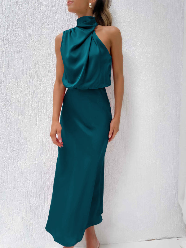 Halter Neck Satin Dress with Slim-Fit Design Maxi Dresses MyDresses