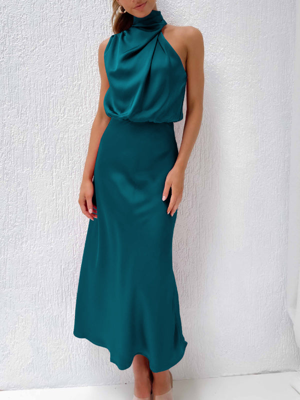 Halter Neck Satin Dress with Slim-Fit Design Maxi Dresses MyDresses