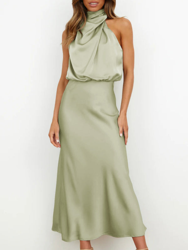 Halter Neck Satin Dress with Slim-Fit Design Maxi Dresses MyDresses Green 8 | S