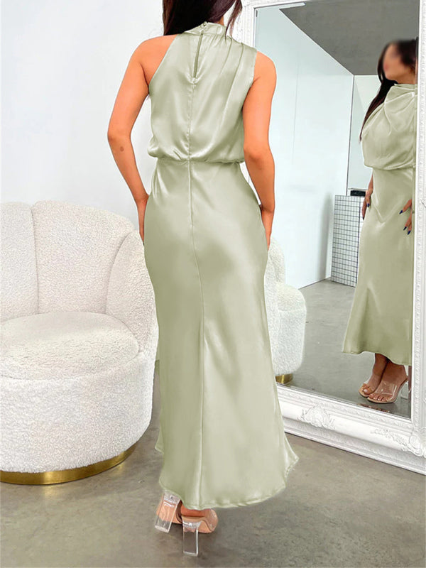 Halter Neck Satin Dress with Slim-Fit Design Maxi Dresses MyDresses