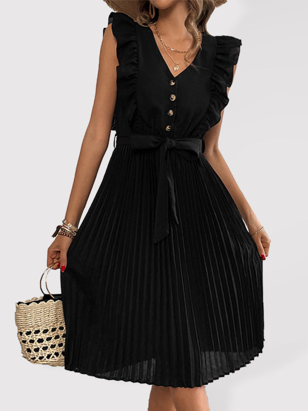 Ruffle Sleeve Midi Dress with Pleated Skirt and Waist Tie Midi Dresses MyDresses Black 8 | S 