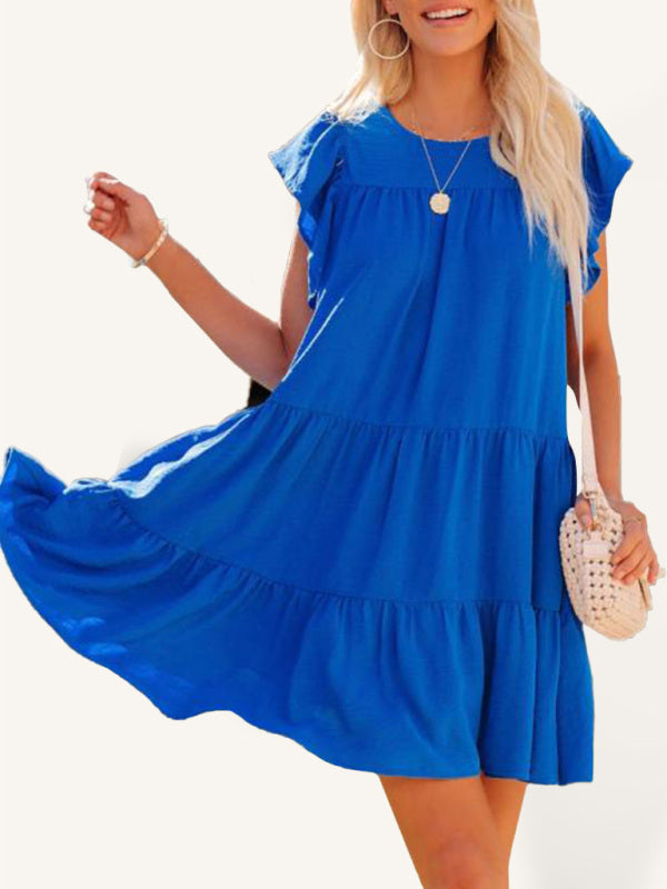 Pleated Short Sleeve Dress with Tiered Design Mini Dresses MyDresses Blue 8 | S 