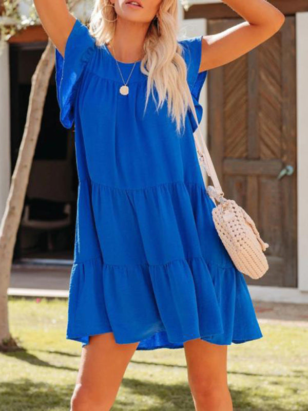 Pleated Short Sleeve Dress with Tiered Design Mini Dresses MyDresses 