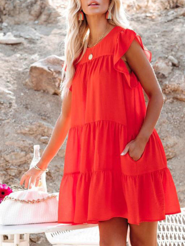 Pleated Short Sleeve Dress with Tiered Design Mini Dresses MyDresses 