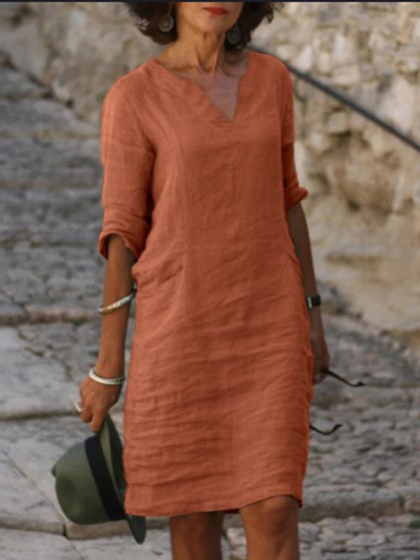 V-Neck Cotton Linen Dress with Mid Sleeves and Slim Fit Midi Dresses MyDresses Orange 8 | S 