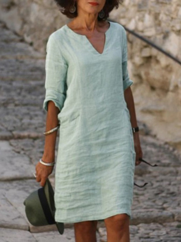 V-Neck Cotton Linen Dress with Mid Sleeves and Slim Fit Midi Dresses MyDresses Pale Green 8 | S 