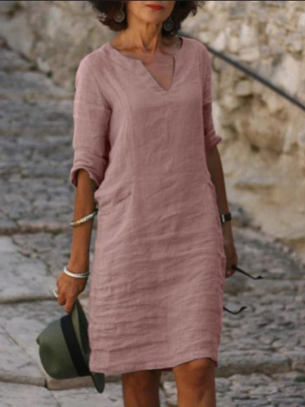 V-Neck Cotton Linen Dress with Mid Sleeves and Slim Fit Midi Dresses MyDresses Pink 8 | S 