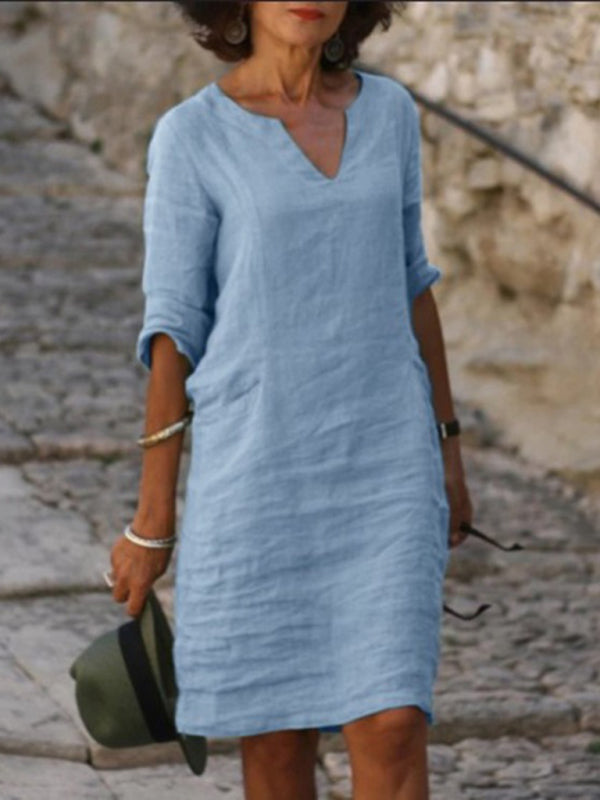 V-Neck Cotton Linen Dress with Mid Sleeves and Slim Fit Midi Dresses MyDresses 