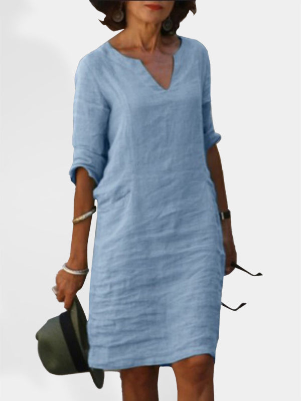 V-Neck Cotton Linen Dress with Mid Sleeves and Slim Fit Midi Dresses MyDresses Sky Blue 8 | S 