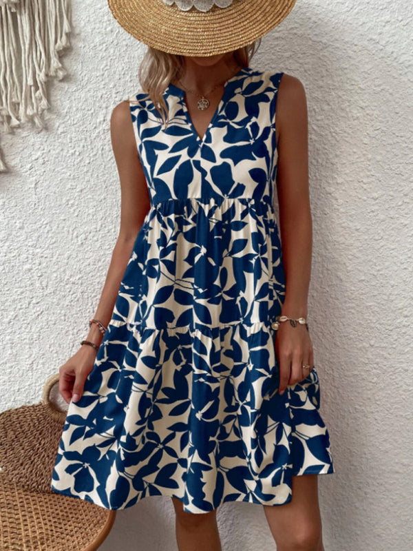 Floral Print Sleeveless Dress with V Neck and Pleated Skirt Midi Dresses MyDresses 