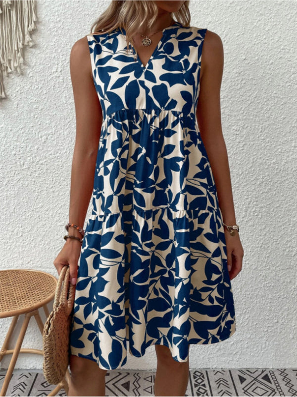 Floral Print Sleeveless Dress with V Neck and Pleated Skirt Midi Dresses MyDresses Blue 8 | S 