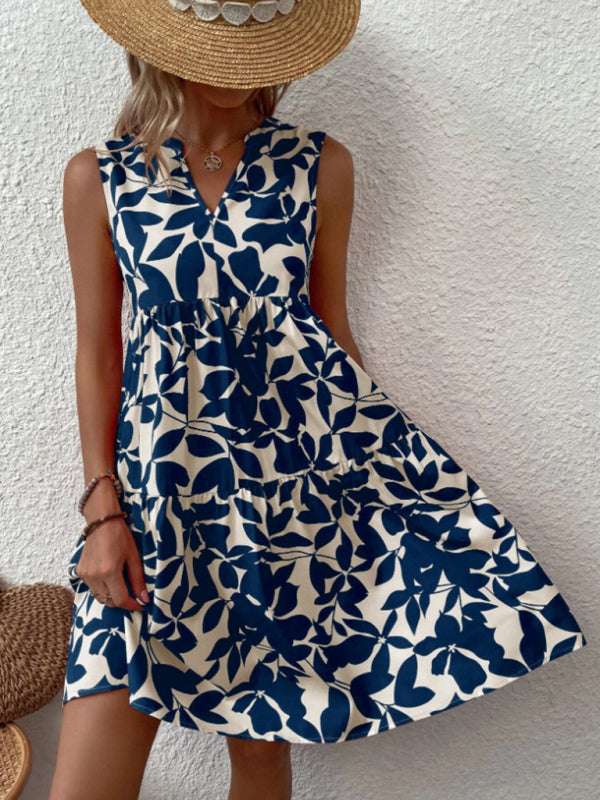 Floral Print Sleeveless Dress with V Neck and Pleated Skirt Midi Dresses MyDresses 