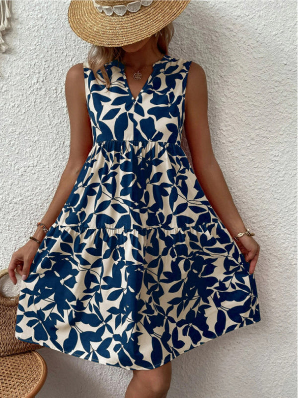 Floral Print Sleeveless Dress with V Neck and Pleated Skirt Midi Dresses MyDresses 