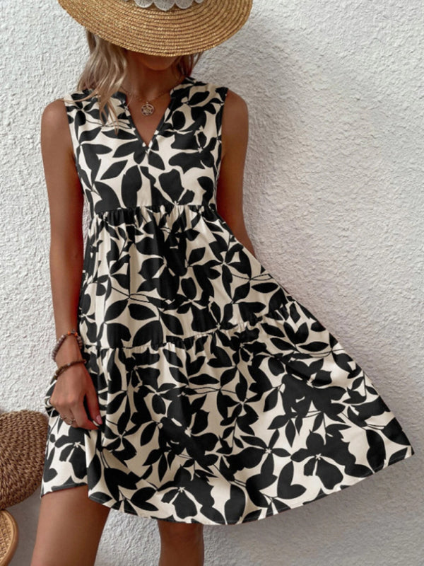 Floral Print Sleeveless Dress with V Neck and Pleated Skirt Midi Dresses MyDresses 