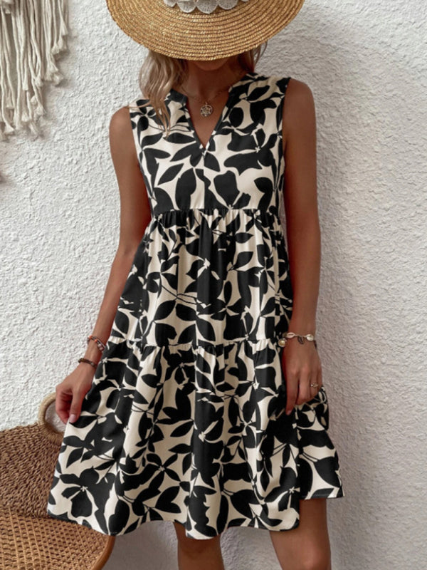 Floral Print Sleeveless Dress with V Neck and Pleated Skirt Midi Dresses MyDresses 