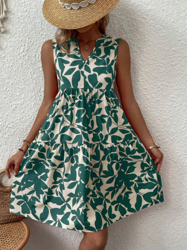 Floral Print Sleeveless Dress with V Neck and Pleated Skirt Midi Dresses MyDresses Light Green 8 | S 